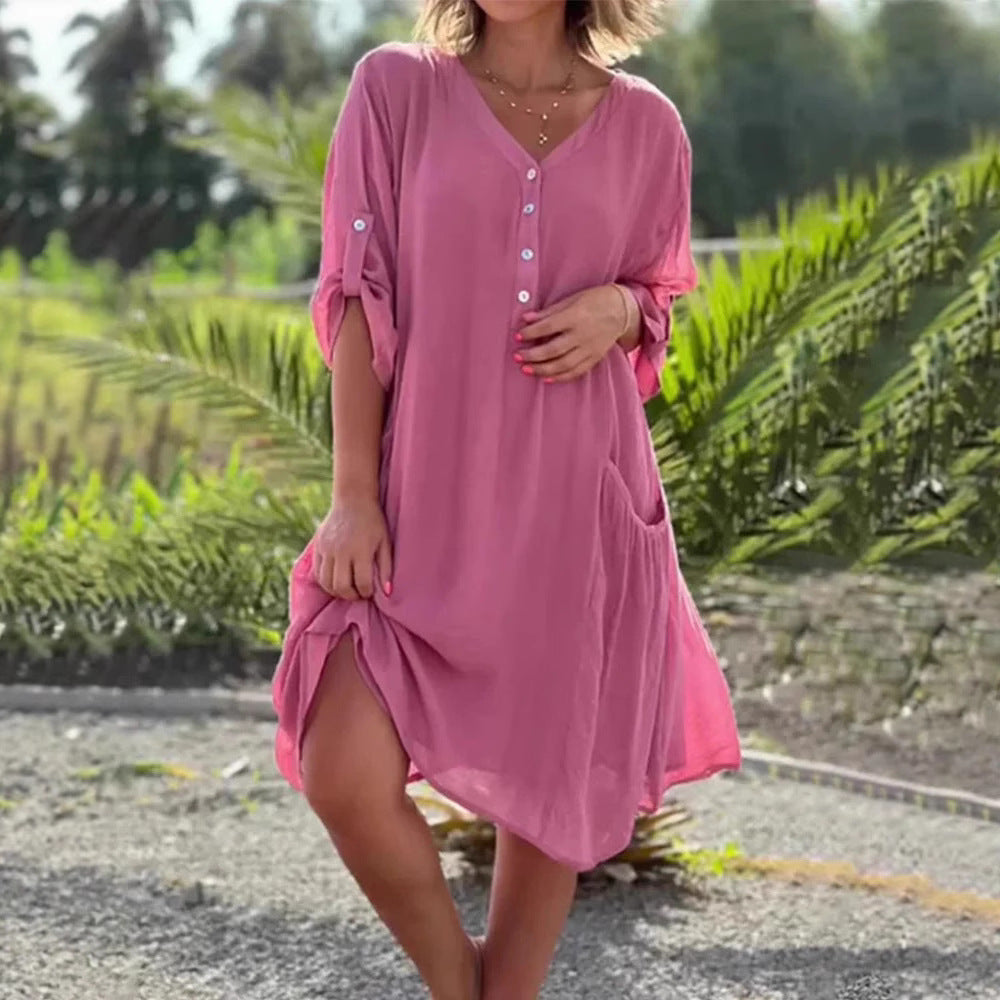 Damen nan luftiges V-Ausschnitt Strandkleid mit Knopfleiste, Krempelärmeln und aufgesetzten Seitentaschen EB