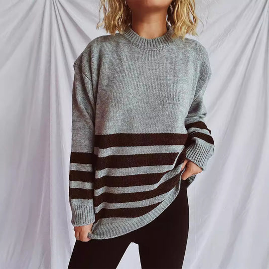 Damen lässiger Oversize-Pullover mit modernem Streifenmuster EB