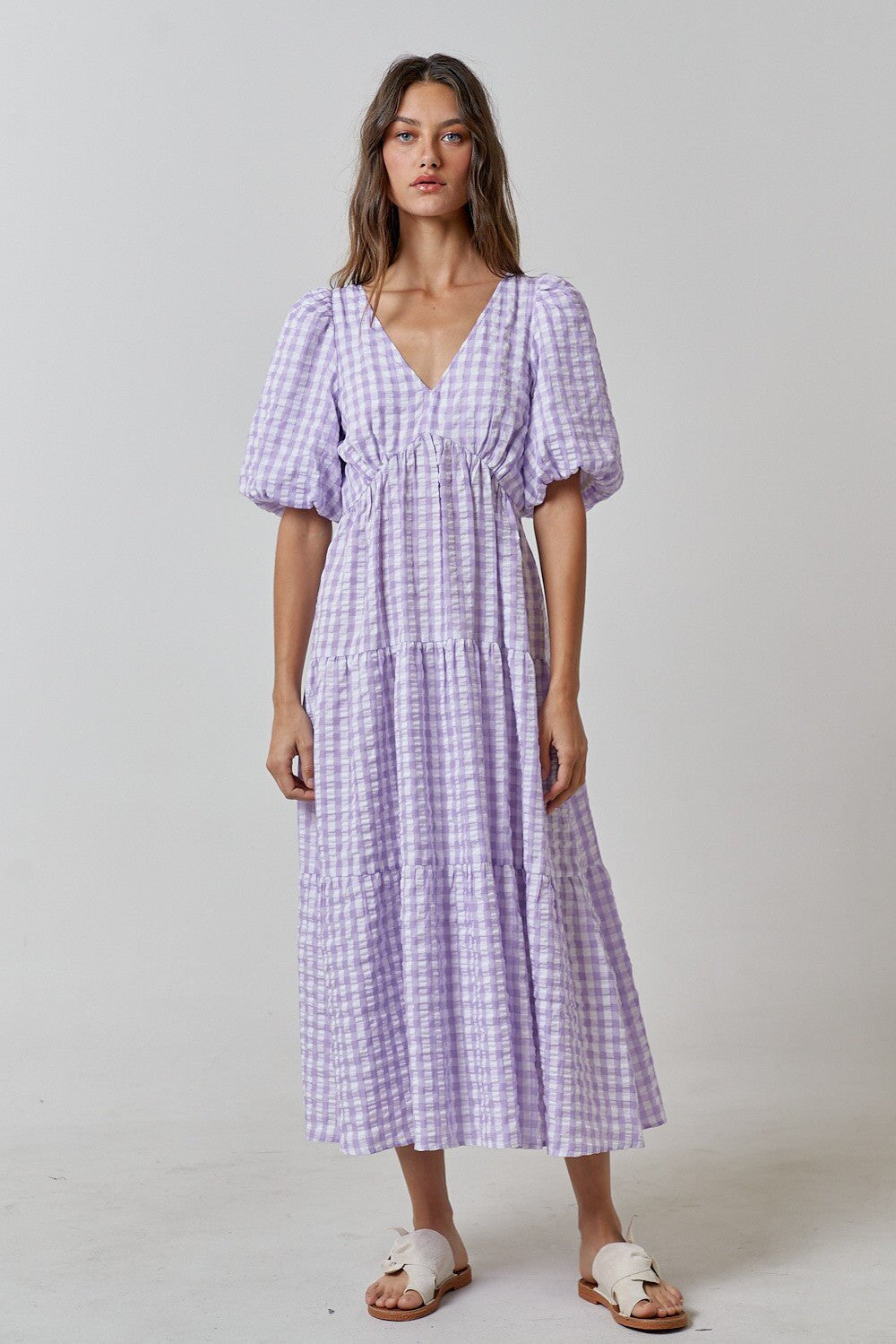 Damen Maxikleid mit voluminösen Puffärmeln und V-Ausschnitt EB