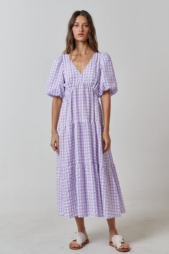 Damen Maxikleid mit voluminösen Puffärmeln und V-Ausschnitt EB
