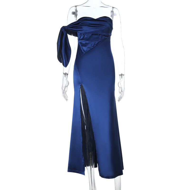 Damen Asymmetrisches Abendkleid mit elegantem Schlitz und dekorativem Überwurf EB