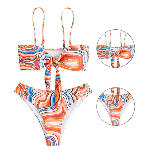 Damen Bandeau-Bikini mit verspieltem Wickeldesign und buntem Muster EB