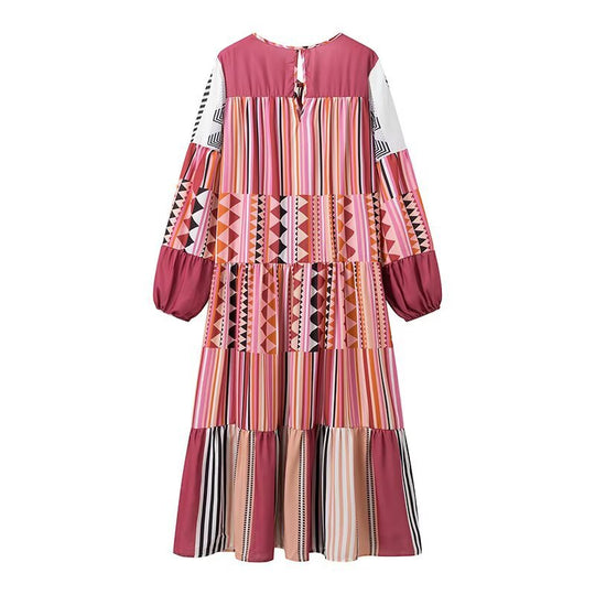 Damen Maxikleid mit buntem grafischem Muster und voluminösen Ärmeln EB