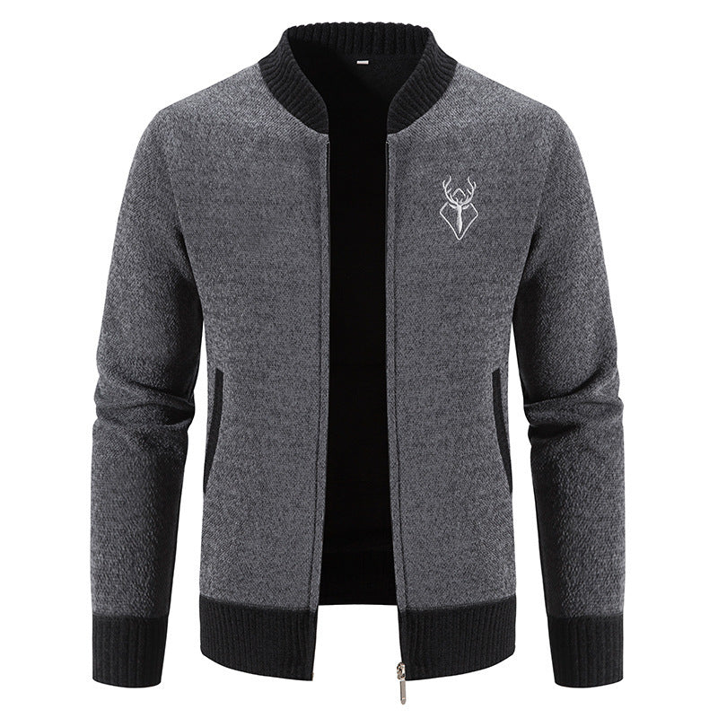 Herren nan lässiger Zip-Strickblouson mit weichem Thermofutter, geripptem Stehkragen und Hirsch-Logo EB