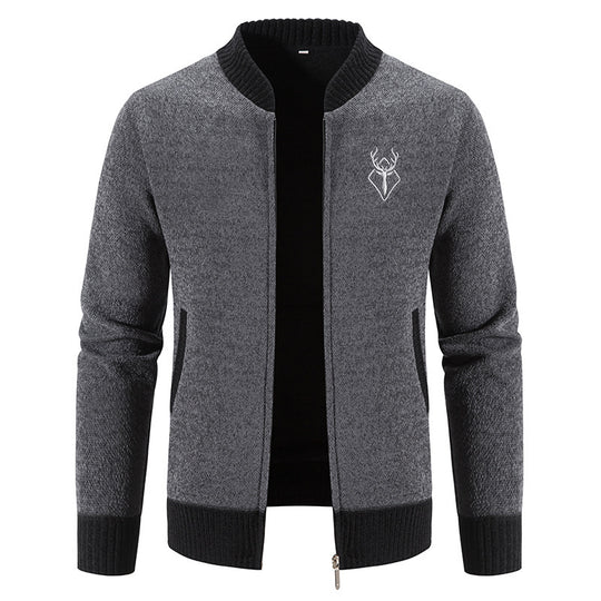 Herren nan lässiger Zip-Strickblouson mit weichem Thermofutter, geripptem Stehkragen und Hirsch-Logo EB
