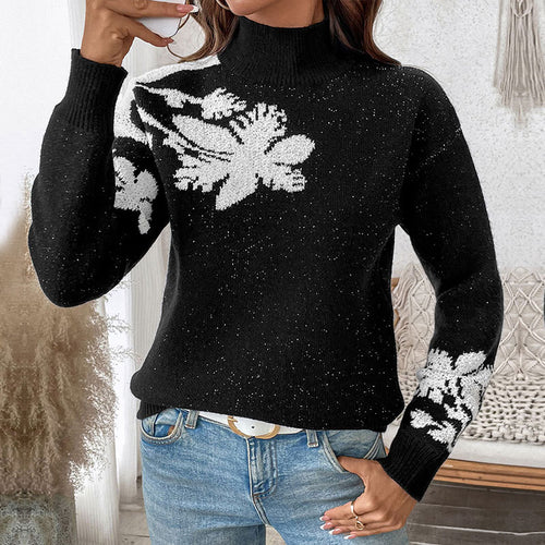 Damen Strickpullover mit floralem Muster und hohem Kragen EB