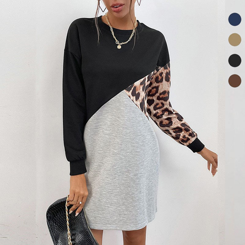 Damen lässiges Sweatshirtkleid mit modischem Tiermuster und asymmetrischem Design EB
