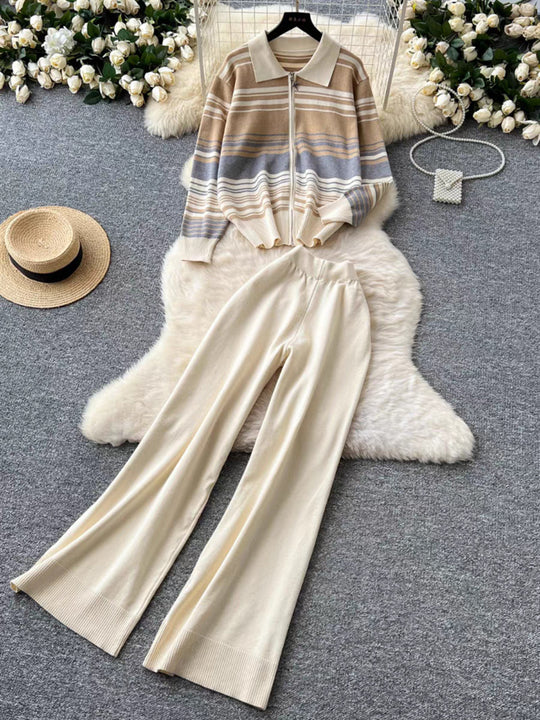 Damen modisches Freizeit-Loungewear-Set mit Reißverschluss und breitem Bein EB