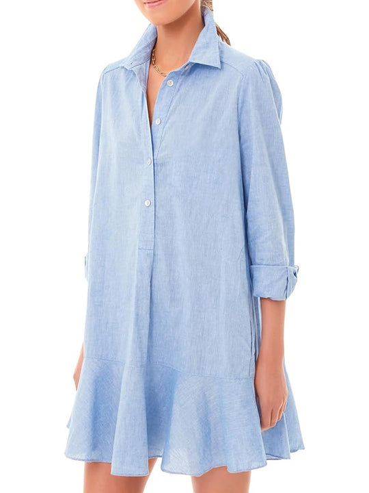Damen Hemdkleid mit fließendem Saum und langen Ärmeln EB