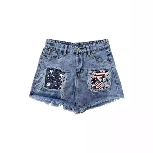 Damen Denim-Shorts mit trendigen Stickdetails und Fransensaum EB