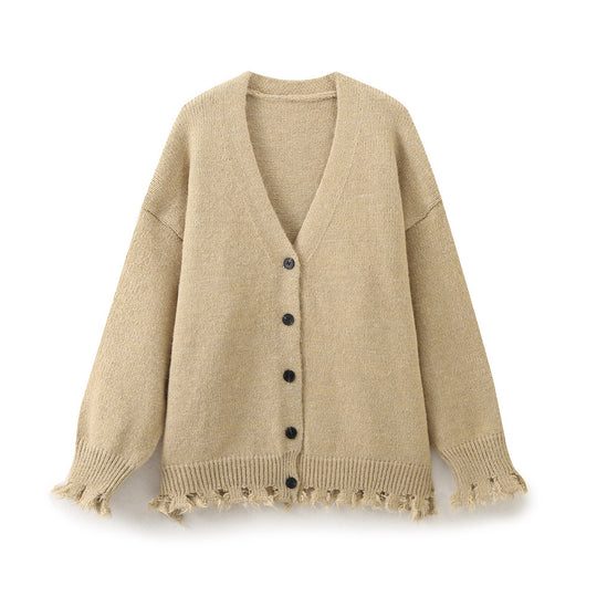 Damen lässige Strickjacke mit fransigem Saum und knöpfbarem Verschluss EB