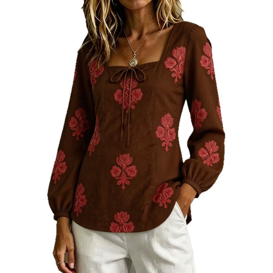 Damen Bestickte Tunika-Bluse mit quadratischem Ausschnitt und femininen Ballonärmeln EB