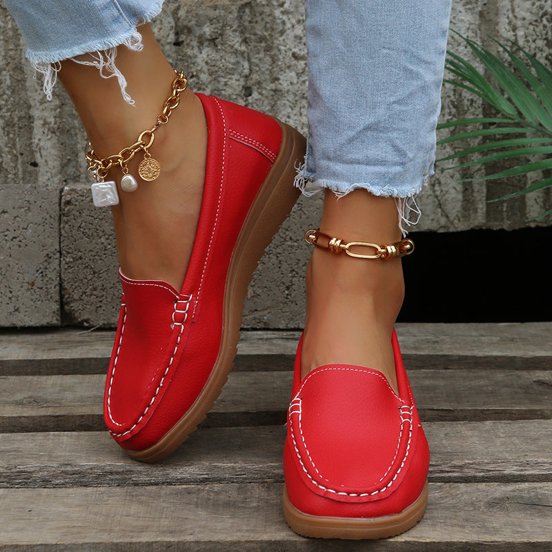 Damen lässige Slip-On Loafer mit ergonomischer Keilsohle, gepolstertem Komfortfußbett und dekorativer Kontrastnaht EB