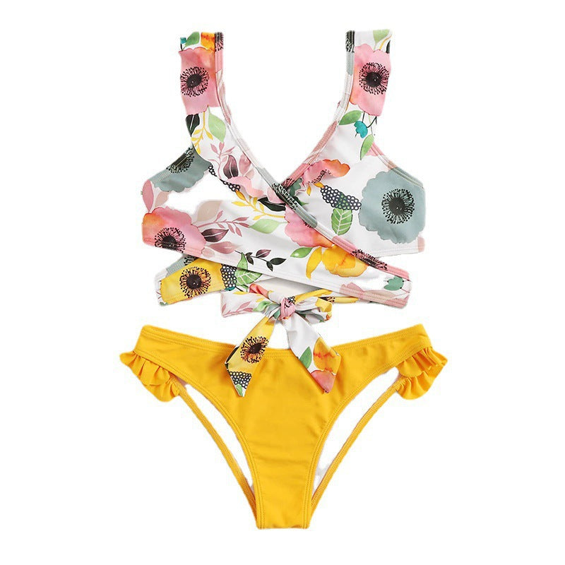 Damen Zweiteiliges Blumen-Bikini-Set mit tailliertem Oberteil und Rüschenslip EB