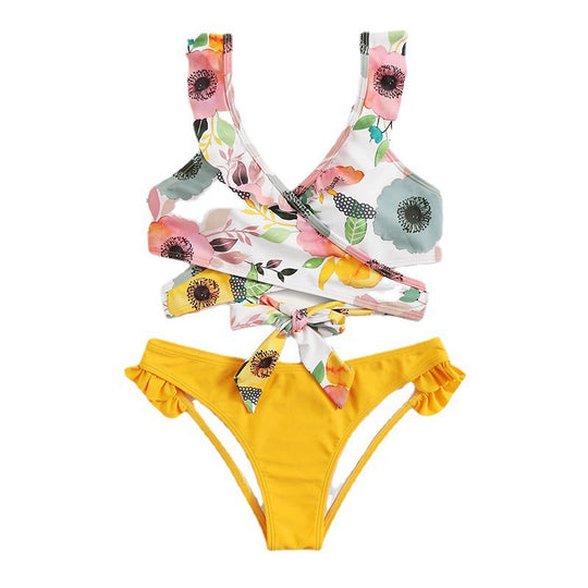 Damen Zweiteiliges Blumen-Bikini-Set mit tailliertem Oberteil und Rüschenslip EB