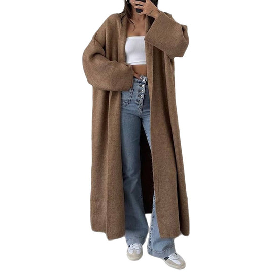 Damen nan extra-langer Oversize-Strickmantel mit offenem Schnitt, weiten Ärmeln und Kimonokragen EB