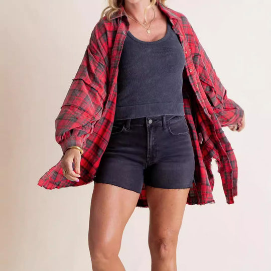 Damen nan oversized Karo-Überhemd mit Fransenbesatz, Brusttaschen und lockerer Passform EB
