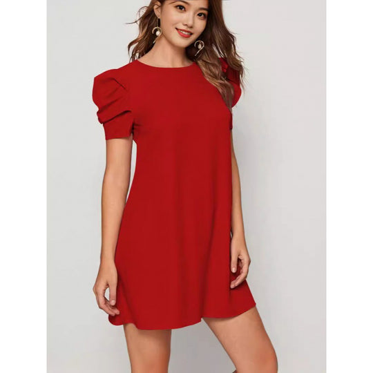 Damen lässiges Kurzarmkleid mit voluminösen Puffärmeln und lockerem Schnitt EB
