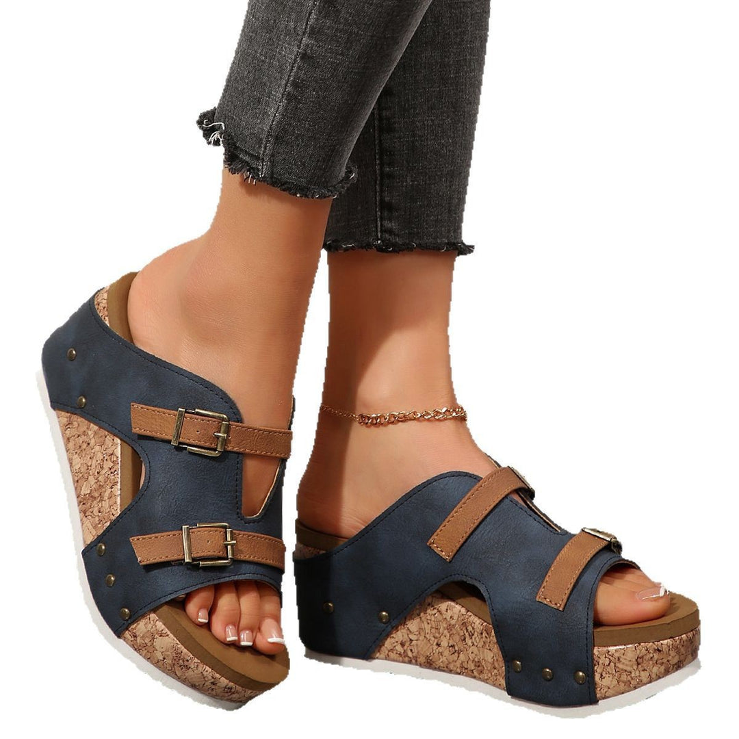 Damen modische Clogs mit Korksohle und dekorativen Schnallen EB