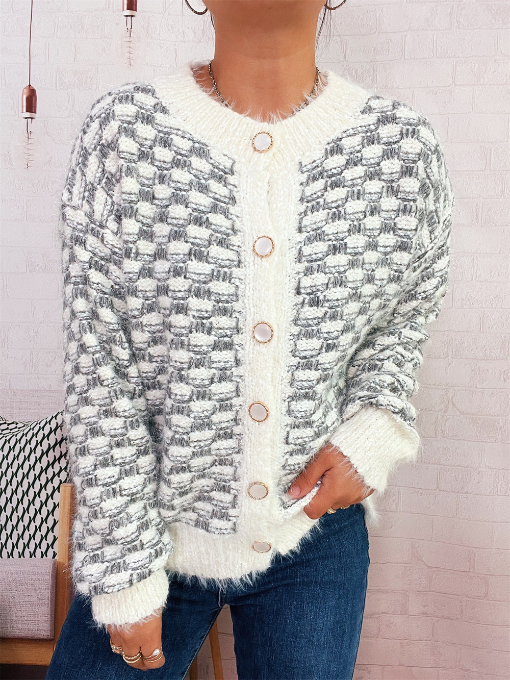 Damen gemütlicher Strickcardigan mit dekorativem Knopfdesign EB