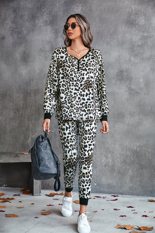 Damen Leo-Print Jogginganzug mit breitem Taillenbund und modischen Bündchen EB