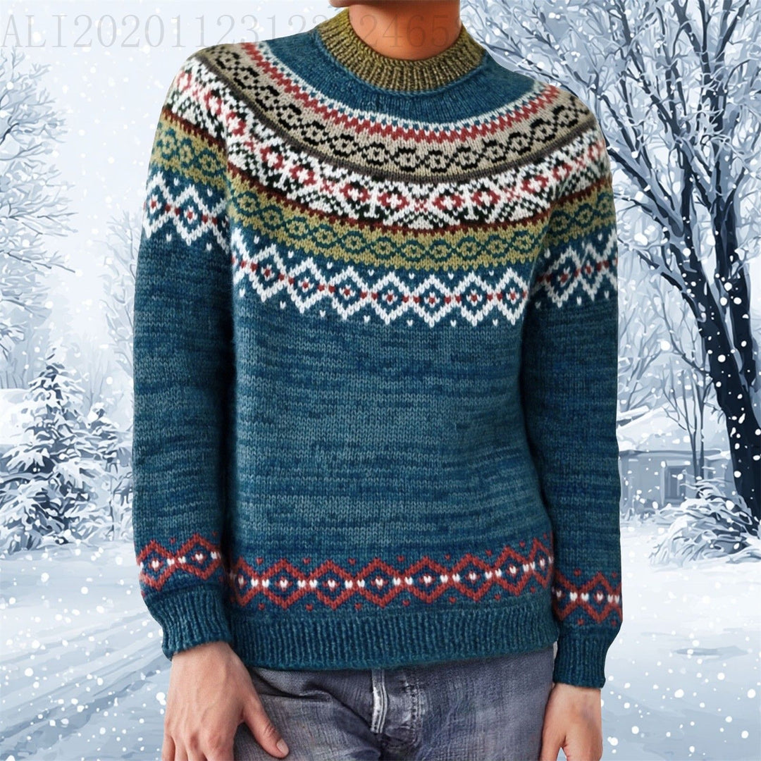 Damen nan melierter Rundhalsausschnittpullover mit kreisförmigem Jacquard-Yoke und geripptem Saum EB