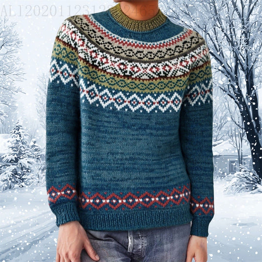 Damen nan melierter Rundhalsausschnittpullover mit kreisförmigem Jacquard-Yoke und geripptem Saum EB