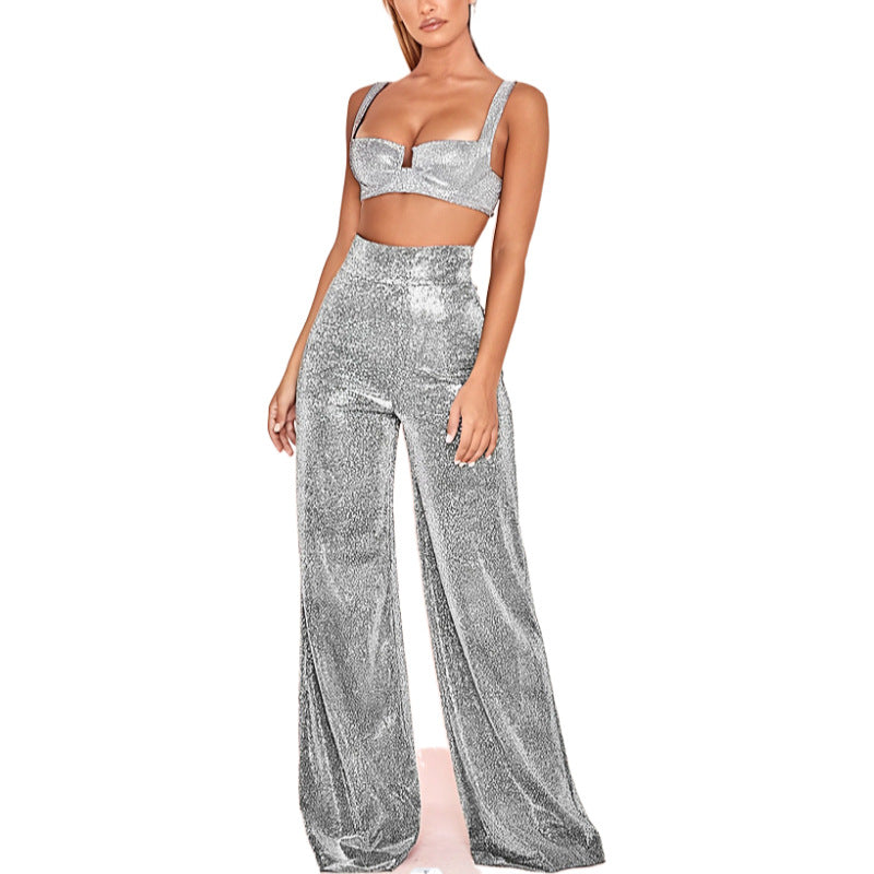 Damen Glitzerndes Zweiteiler-Set mit hohem Taillenschnitt EB
