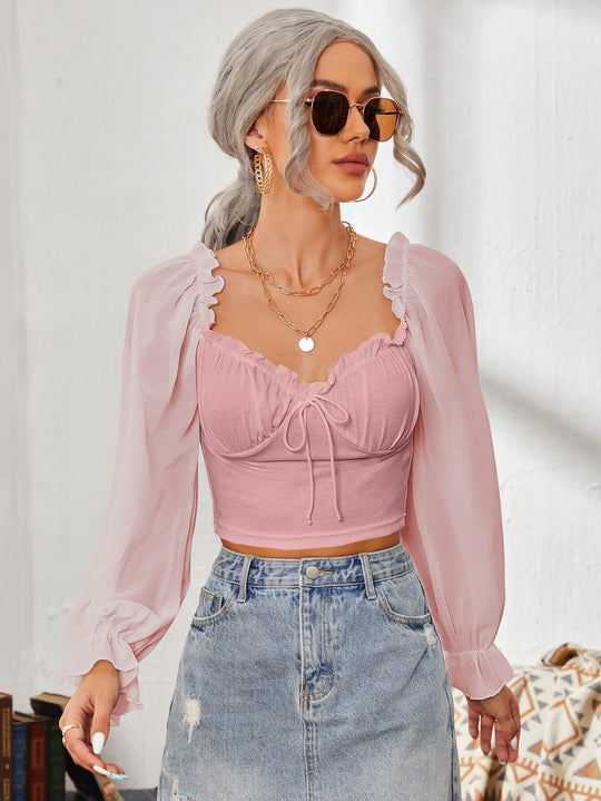 Damen Cropped-Bluse mit Rüschen und eleganten Puffärmeln EB