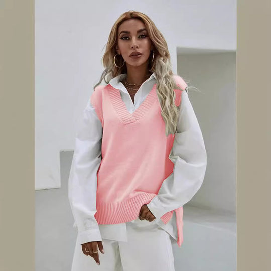 Damen Strickweste mit V-Ausschnitt und modernen Details EB