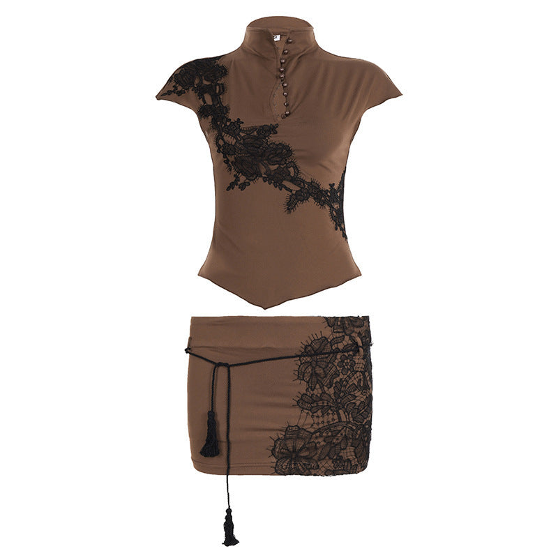 Damen Elegantes Spitzenoberteil mit modischem Kragen und raffinierten Knopfdetails EB