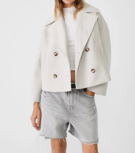 Damen nan kurz geschnittener Zweireiher Wollmix-Peacoat mit überbreitem Revers und kastiger Silhouette EB