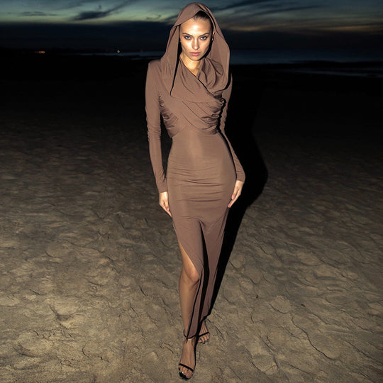 Damen elegantes Abendkleid mit Kapuze und figurbetonter Silhouette EB