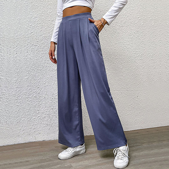 Damen Weite High-Waist-Hose mit eleganten Falten und elastischem Bund EB