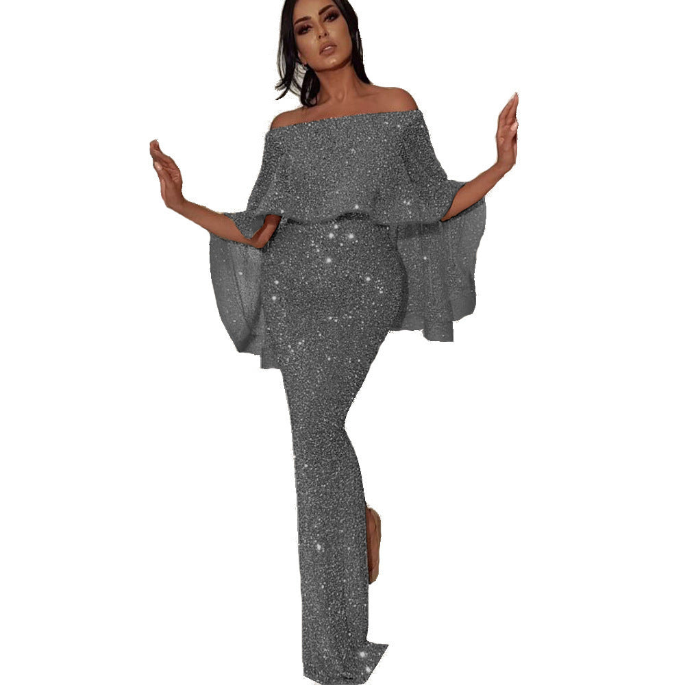 Damen Glamouröses Abendoutfit mit schulterfreiem Oberteil und fließenden Beinen EB