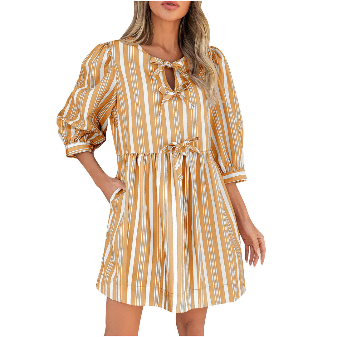 Damen lässiges gestreiftes Sommerkleid mit taillierter Silhouette EB