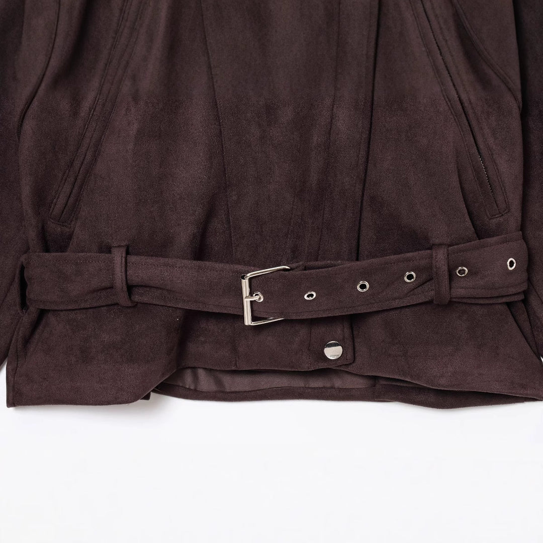 Damen elegante Wildlederjacke mit funktionalen Reißverschlüssen und Taillengürtel EB