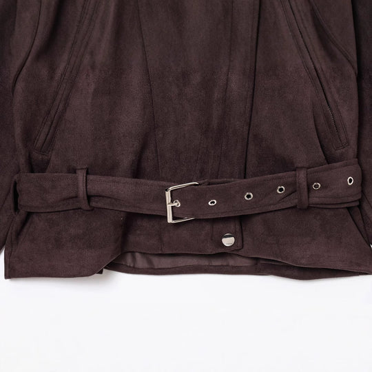 Damen elegante Wildlederjacke mit funktionalen Reißverschlüssen und Taillengürtel EB