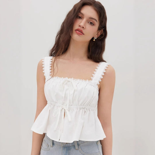 Damen luftiges Crop-Top mit verstellbarem Kordelzug und Rüschendetails EB