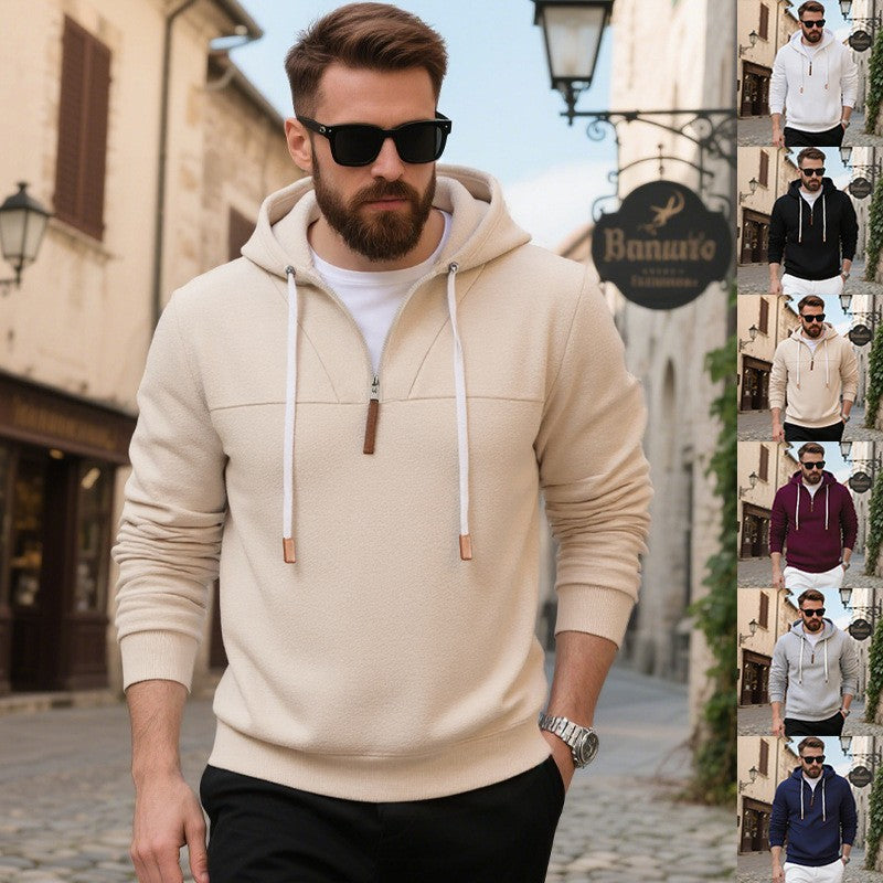 Herren nan minimalistischer Soft‑Fleece Halbzip‑Hoodie mit Lederzipper und Kordelzug EB
