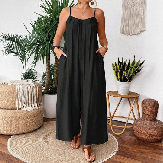 Damen luftiger Jumpsuit mit schmalen Spaghettiträgern und seitlichen Taschen EB