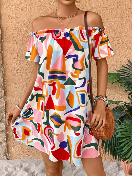 Damen Minikleid mit schulterfreiem Design und lebhaftem Farbprint EB