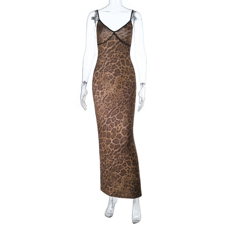 Damen Elegantes tierisches Maxikleid mit Spaghetti-Trägern und figurbetontem Schnitt EB