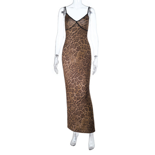 Damen Elegantes tierisches Maxikleid mit Spaghetti-Trägern und figurbetontem Schnitt EB
