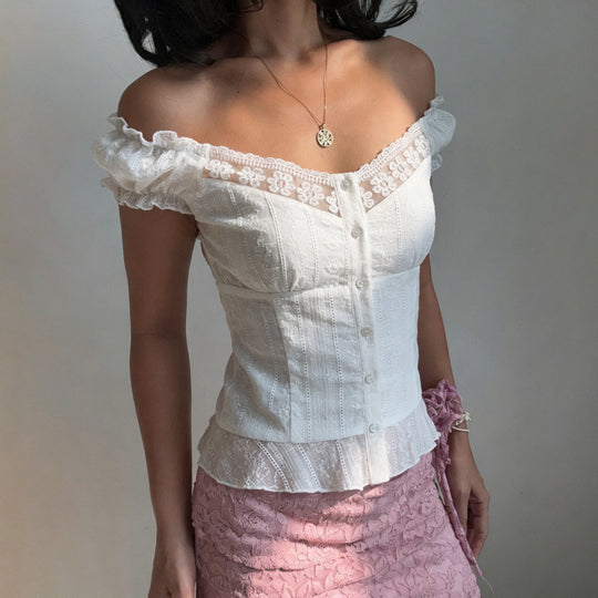 Damen Elegantes Blusenoberteil mit verspielten Puffärmeln und Knopfleiste EB