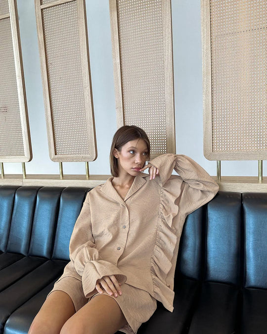 Damen Lässiges Kurzarm-Pyjama-Set mit Rüschendetails EB
