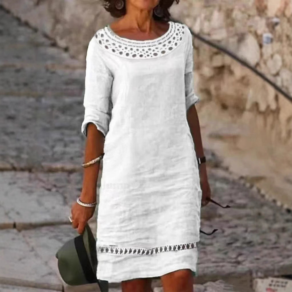 Damen lässiges Sommerkleid mit elegantem Häkelkragen und durchgehendem Schnitt EB