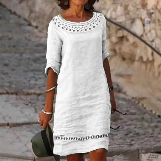 Damen lässiges Sommerkleid mit elegantem Häkelkragen und durchgehendem Schnitt EB
