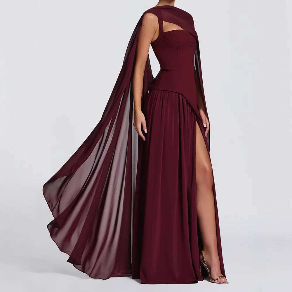 Damen Elegantes Maxikleid mit asymmetrischem Schnitt und fließendem Cape EB