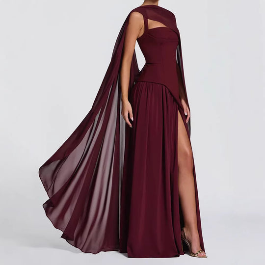 Damen Elegantes Maxikleid mit asymmetrischem Schnitt und fließendem Cape EB